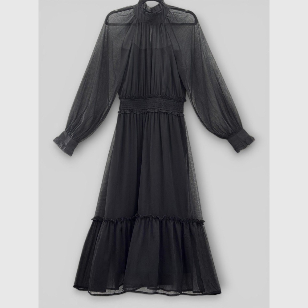 By The River ANTHROPOLOGIE Black Sheer Dress Smocked Whimigoth Fairy Grunge M